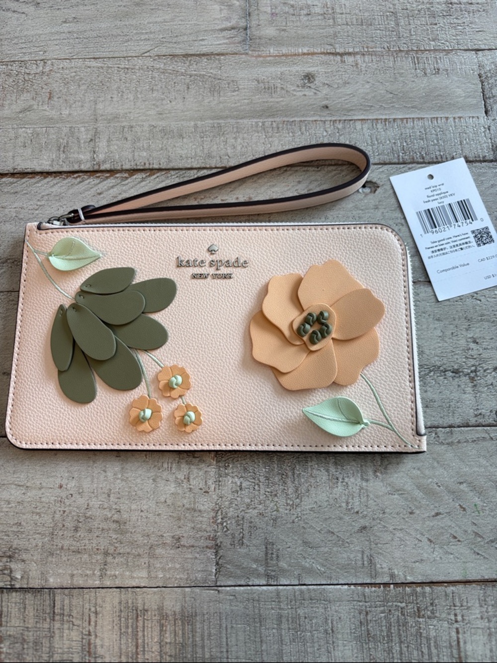 NWT Kate Spade Pink Floral Appliqué Wristlet with Olive and Mint Accents